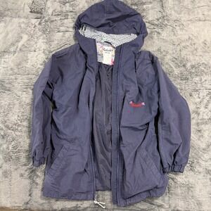 Rothschild Girls Navy Blue Hooded Windbreaker Jacket Floral Logo‎ Gingham Lining